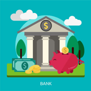 Cartoon image of a bank with dollar bills on the left and a piggy bank on the right