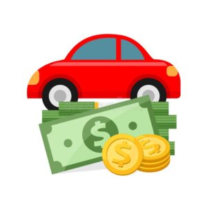 Cartoon Image of a red car and dollar bills & coins beneath it