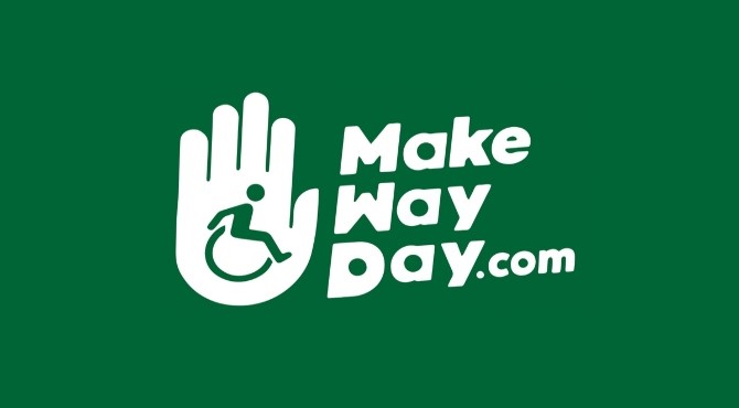 Image of a white hand with the wheelchair symbol in the palm against a green background. The words make way day.com next to the hand also written in white.