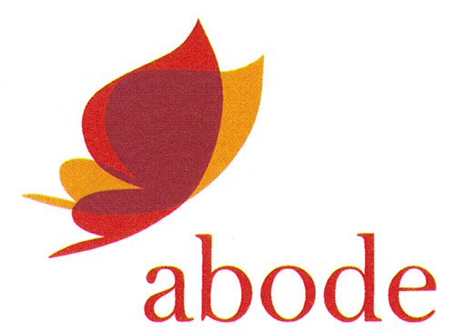 Abode Logo - Butterfly in Orange & Red next to word Aboce