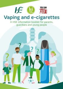 Animation of a family and a healthcare professional standing next to a vape with an image of a pair of lungs behind them