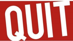 QUIT logo written in white capitol letters against a red background