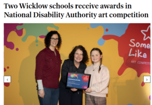 Photo of Linda Cliffe (centre) and Dr Aiddeen Hartney (left) presenting winner 3rd class student Linda Cliff on Kiltegan NS with award.