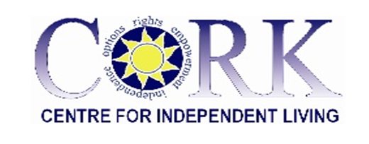 Cork CIL Logo: Centre for Independent Living written in blue capitols with the word Cork sitting on top. For the letter O in Cork there is a yellow sun and around this sun are are the words options, rights, empowerment and independence